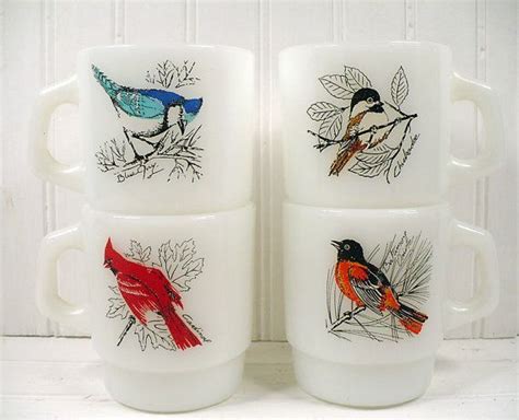 Vintage Fire King Milk Glass Bird Coffee Mug Set Lot Anchor Etsy Milk Glass Bird Vintage