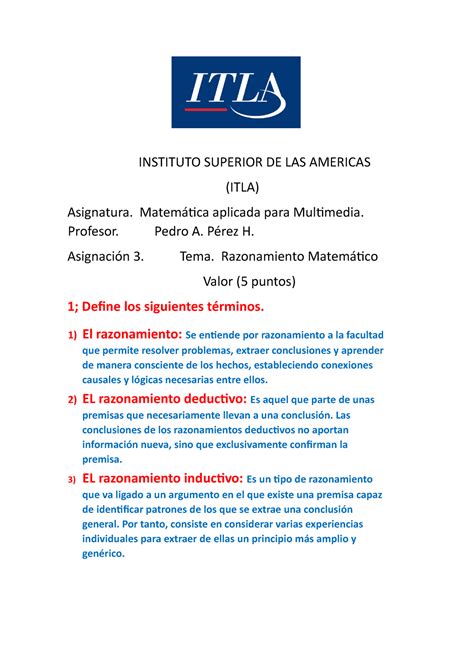 Razonamiento Matematico INSTITUTO SUPERIOR DE LAS AMERICAS ITLA