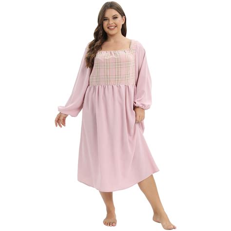 Baywell Womens Plus Size Nightgown Long Sleeve Square Neck Nightdress