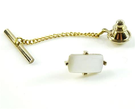 Swank White Tie Tack Mother Of Pearl Vintage Pin Rectangular Stone Men