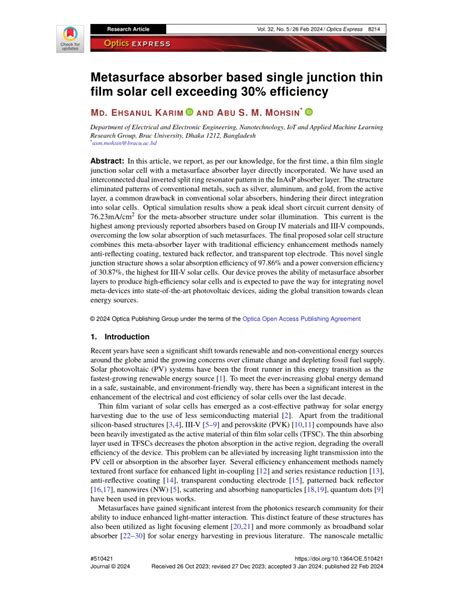 Pdf Metasurface Absorber Based Single Junction Thin Film Solar Cell