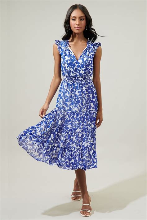 Kian Floral Pisces Smocked Midi Dress Blue Floral Midi Dress Blue