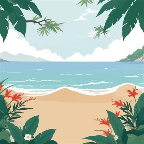 Una Pintura De Una Playa Con Palmeras Y Monta As En El Fondo Vector