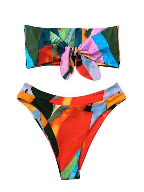 Women S Graphic Swimsuit Tie Front Bandeau And High Waist Panty Bikini