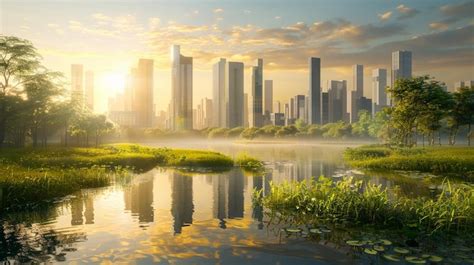 Premium Photo City Skyline Painting EcoFriendly Sunrise Scene