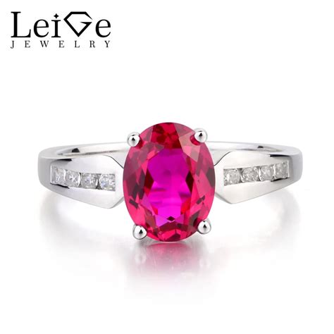 Leige Jewelry July Birthstone Lab Ruby Ring Wedding Ring Oval Cut Red