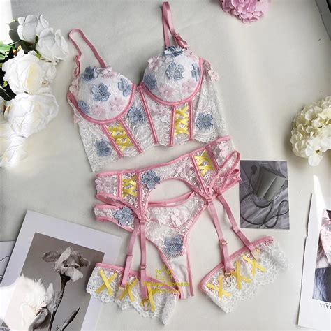 White Swinol Floral Beautiful Underwear 4 Piece Fairy Sexy Lingerie