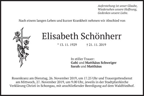 Traueranzeigen von Elisabeth Schönherr trauer merkur de