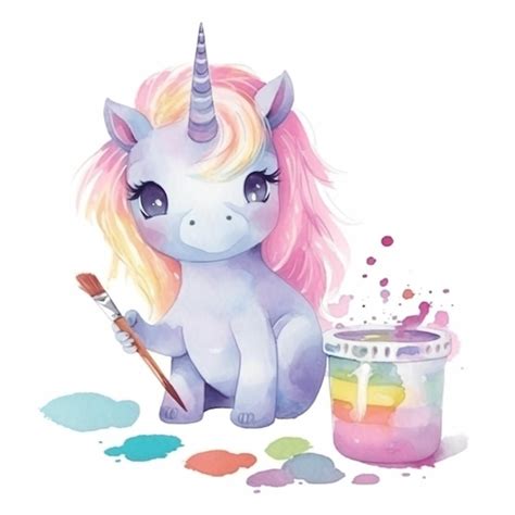 Pintura Acuarela De Un Unicornio Con Un Cubo De Pintura Y Un Arco Iris