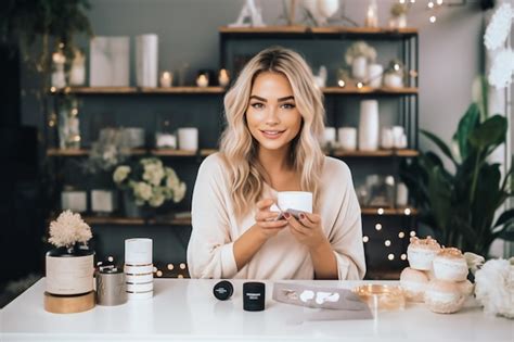 Premium Photo Photo Pretty Blonde Influencer Testing New Products On The Camera