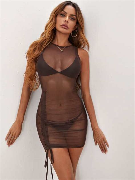 SHEIN BAE Drawstring Ruched Mesh Sheer Dress Without Lingerie Set