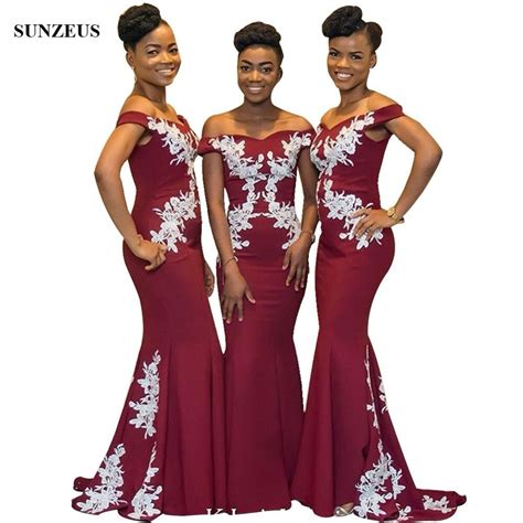 2022 New Mermaid Burgundy Bridesmaid Dresses With White Appliques Off