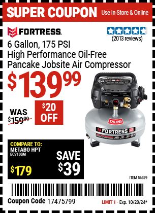 FORTRESS 6 Gallon 175 PSI High Performance Oil Free Pancake Jobsite