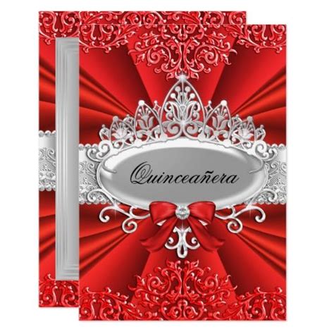 Red Tiara Damask Quinceanera Invite Zazzle Quinceanera