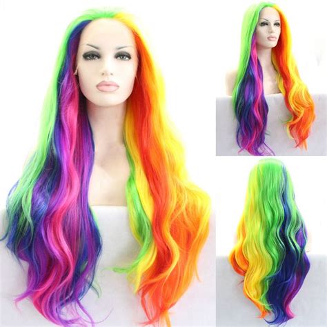 Rainbow Mermaid Wigs Long Synthetic Lace Front Wigs For Women Colorful