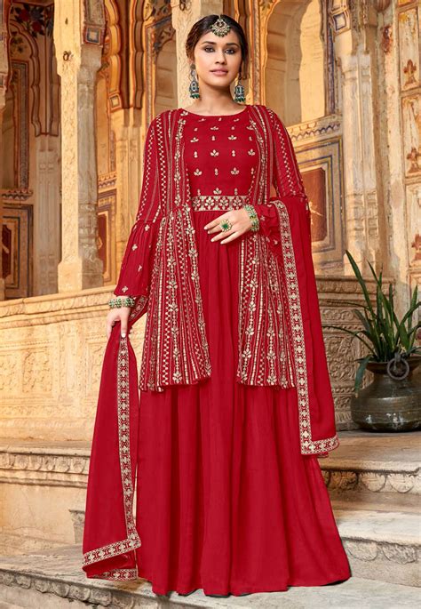 Red Georgette Long Anarkali Suit