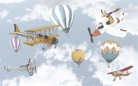 Clouds Hot Air Balloons Wallpaper Mural In Blue Silk Interiors Wallpaper