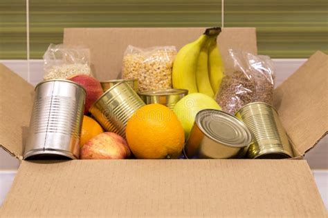 Donation Box With Various Food Cardboard Box With Cereals Canned