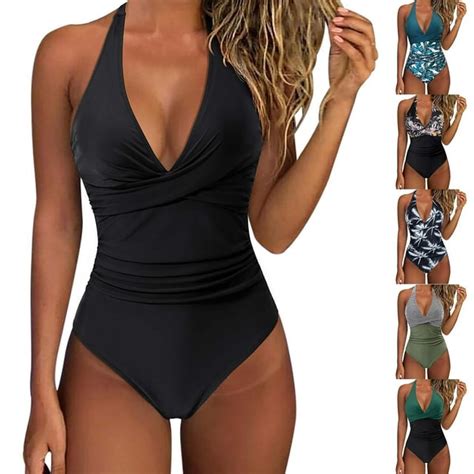 Ykohkofe One Piece Swimsuit Women Sexy Cross V Neck Bikini Solid And