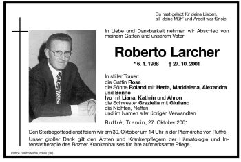 Traueranzeigen Von Roberto Larcher Trauer Bz