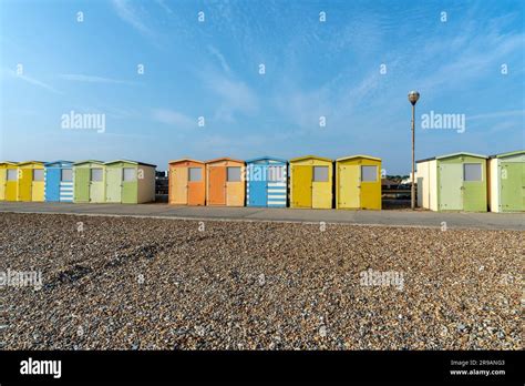 Typical Colourful Beach Huts In Seaford On The South Coast Of England