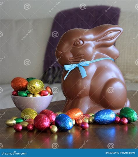 Chocolate Bunny With Easter Eggs On Table Stock Image Image Of