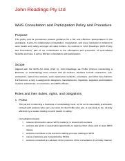 WHS413 Consultation And Participation Policy Procedure Docx John