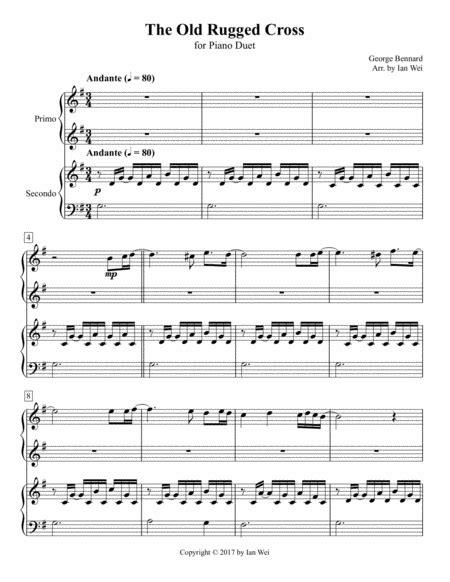 The Old Rugged Cross For Piano Duet Arr Ian Wei By George Bennard Sheet Music For Piano Duet