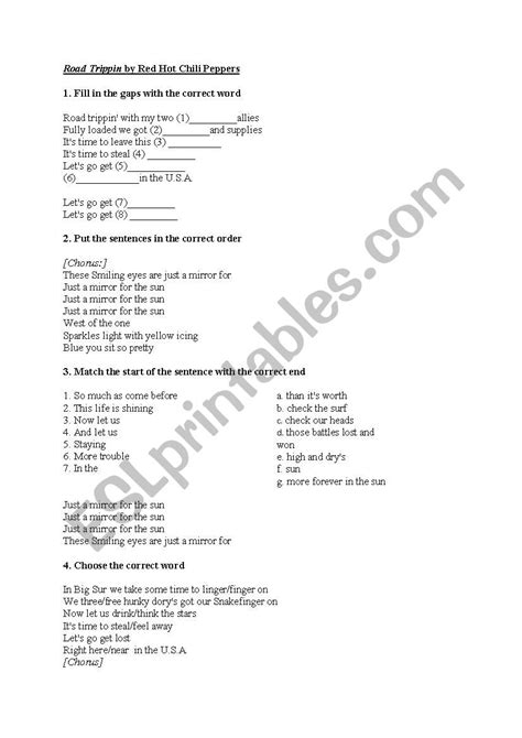 Red Hot Chili Peppers Road Trippin ESL Worksheet By Josierork