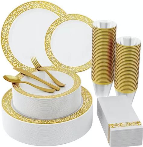 Vajilla Desechables Elegantes set Blanco borde Dorado 175 Pz Envío gratis