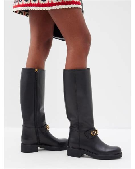 Gucci Logo Plaque Leather Knee High Boots In Black Lyst