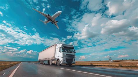 Large White Truck And Airplane Moving Parallel On Road Under Clear Blue