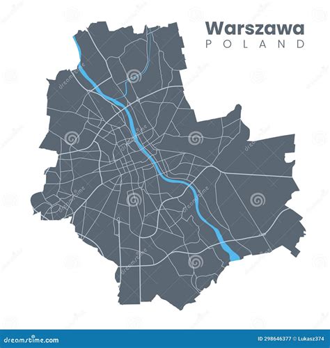 Vistula River Map, Warsaw City, Poland. Watercourse, Water Flow, Blue On Grey Background Road ...