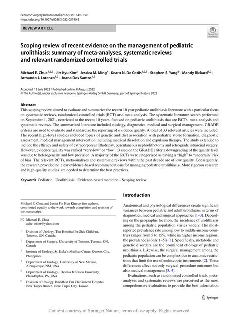 Scoping Review Of Recent Evidence On The Management Of Pediatric Urolithiasis Summary Of Meta