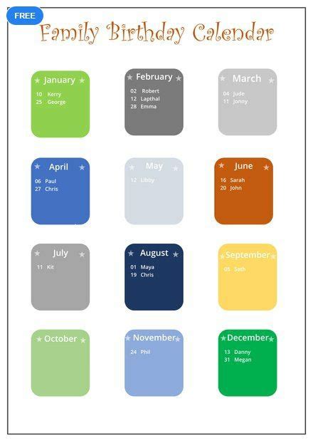 the family birthday calendar is shown in different colors