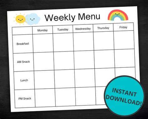 Daycare Weekly Menu Printable Weekly Menu for Daycare - Etsy