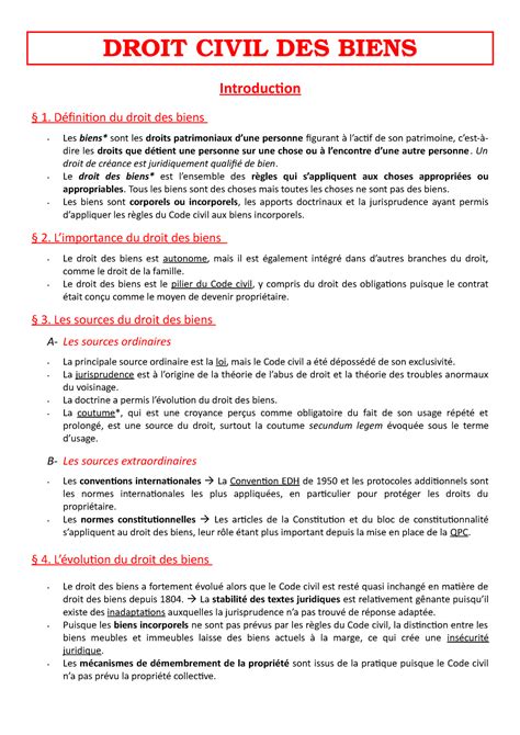 Fiches Droit Civil Des Biens Droit Civil Des Biens Introduction