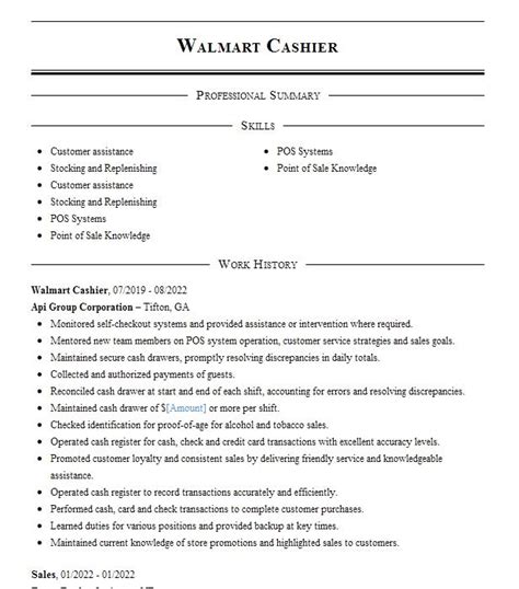 Walmart Cashier Resume Example