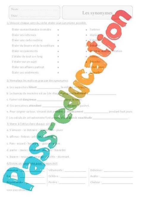 Synonymes Cm Fiche Dexercices Avec Correction Pdf Imprimer