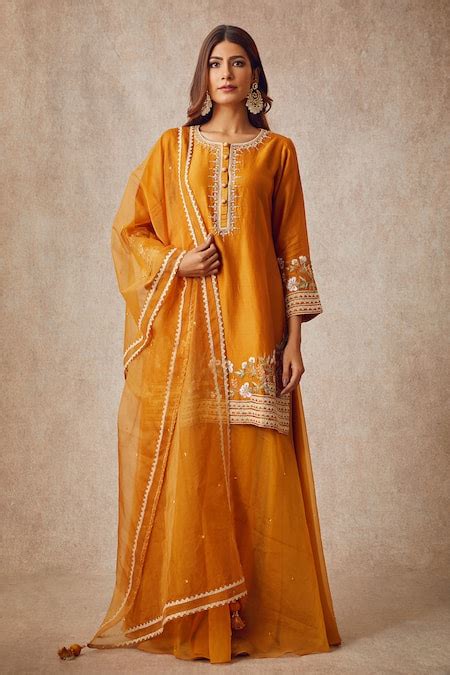 Buy Yellow Chanderi Round Kurta Gharara Set For Women By Ajiesh Oberoi