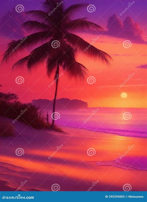 Calm Beach Scene At Sunset Waves And Palm Trees Illustration Stock