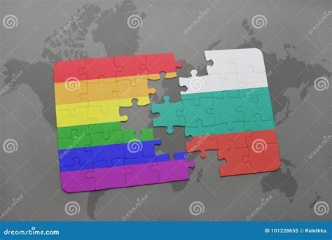 Puzzle With The National Flag Of Bulgaria And Gay Rainbow Flag On A World Map Background Stock