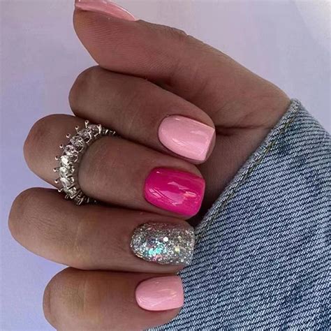 Amazon Pcs Set Hot Pink Press On Nails Short Square SHANRUN Spring Sequins Fake Nails