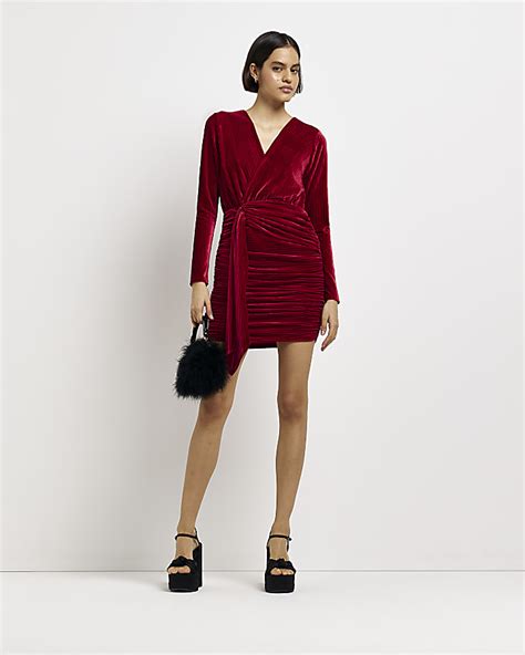 Red Velvet Wrap Bodycon Mini Dress River Island