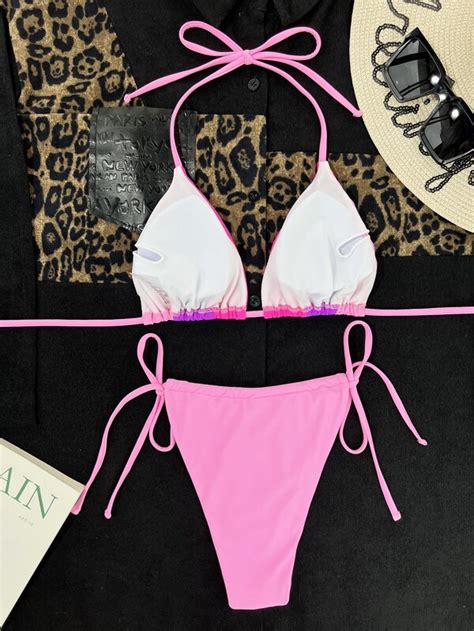 Shein Swim Vcay Colorblock Bikini Set Halter Triangle Bra Tie Side Thong Bottom 2 Piece Bathing