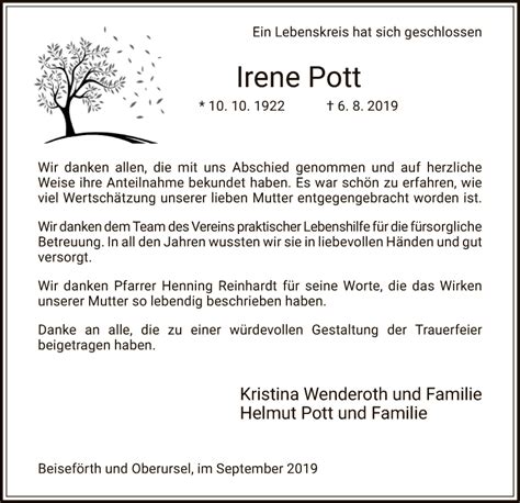 Traueranzeigen Von Irene Pott Trauer Hna De