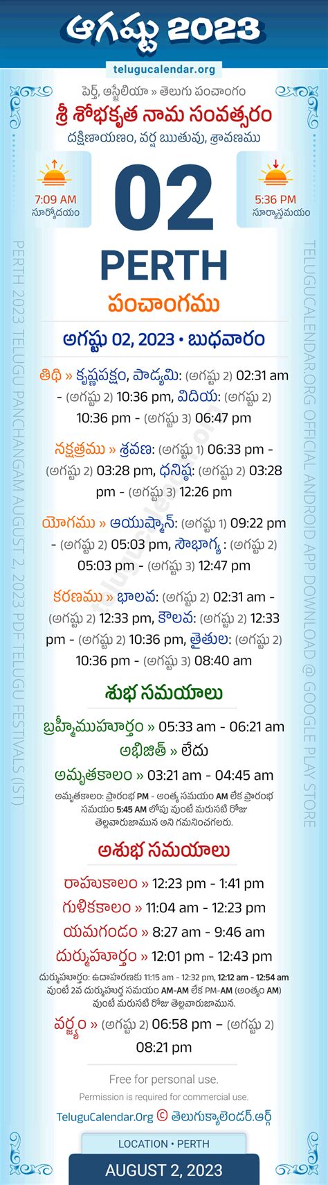 Perth August 2 2023 Telugu Panchangam