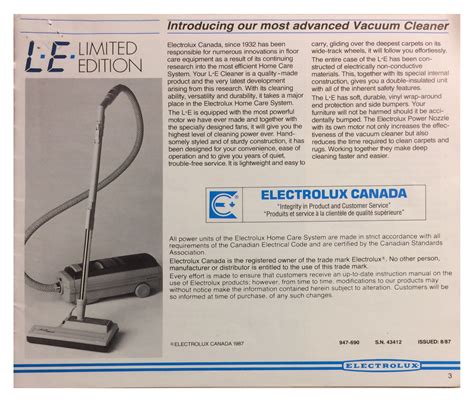 Le Electrolux Limited Edition Vacuum Cleaner Manual Pg 3 Electrolux Electrolux Vacuum Vacuum