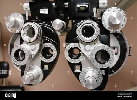 Close View Of Phoropter Dials For Eye Exam Optometry Equipment Stock