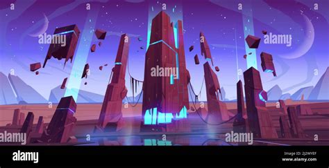 Alien Planet Surface Futuristic Landscape Space Background With Glowing And Flying Rocks Two